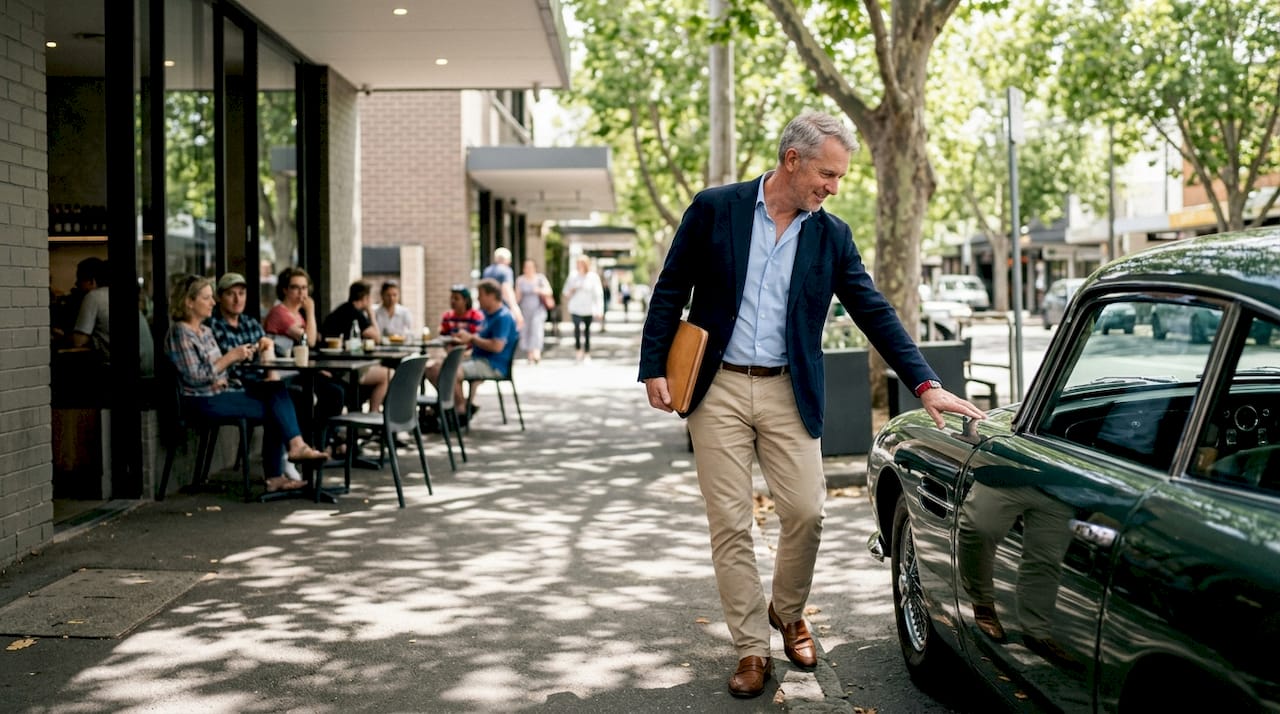 Executive inspecting restored classic car outdoors