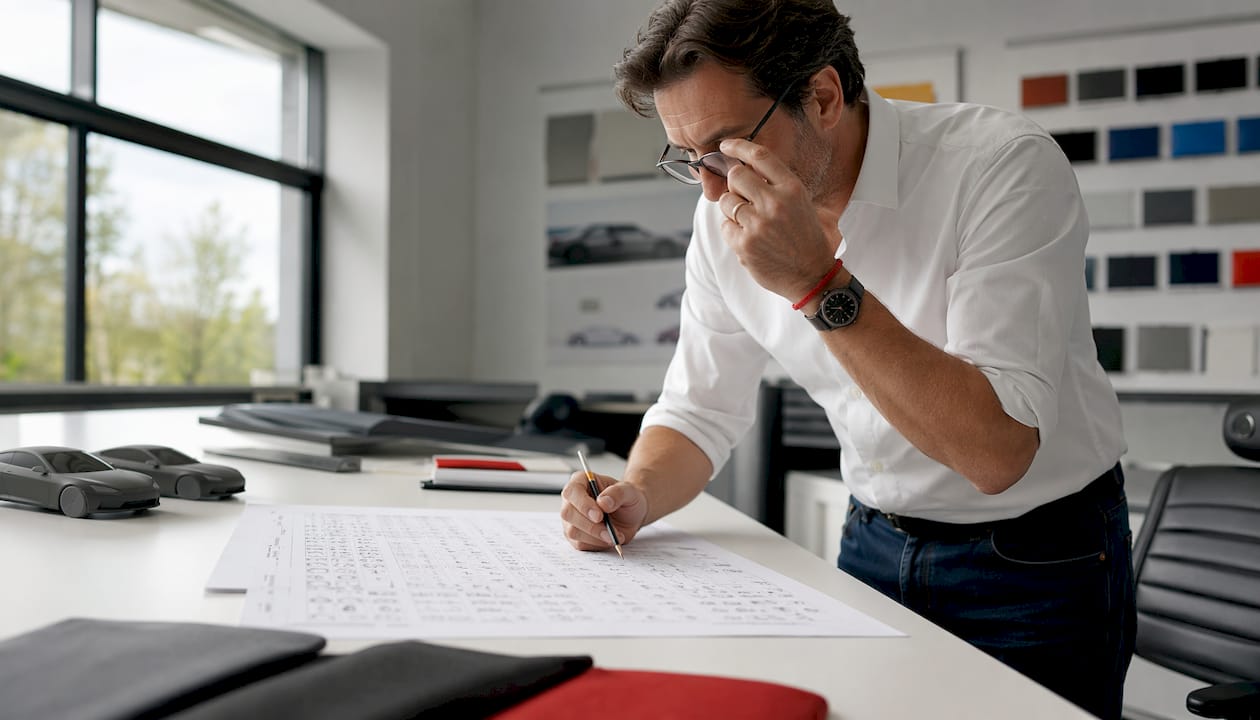 Automotive specialist reviewing vehicle build sheet