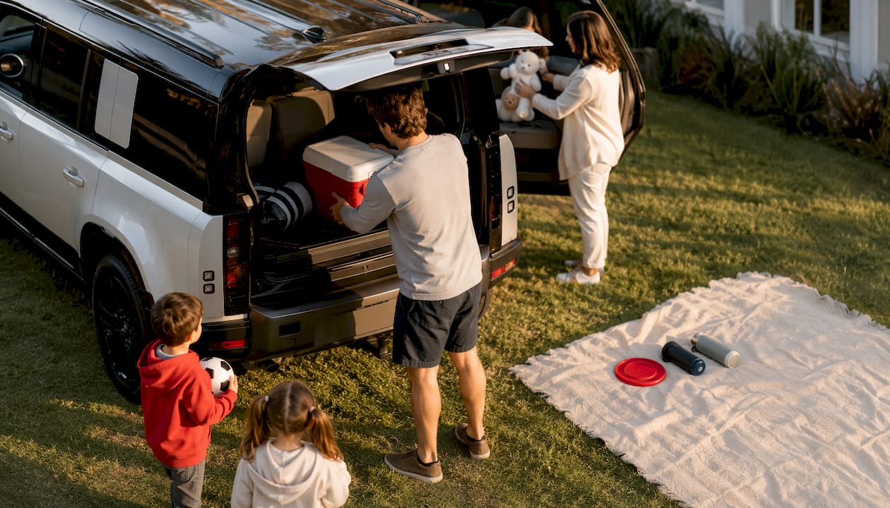 Family loading Land Rover Defender 110 for outing