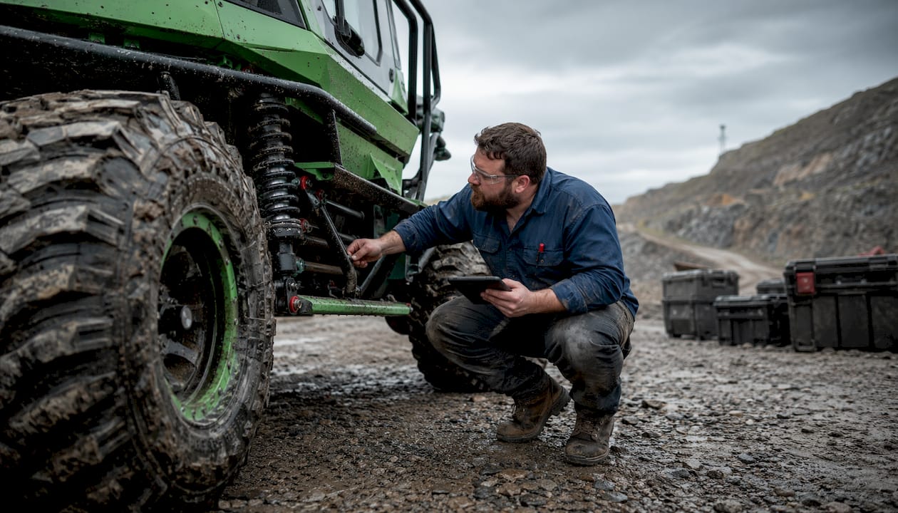 Engineer inspecting extreme terrain vehicle outdoors