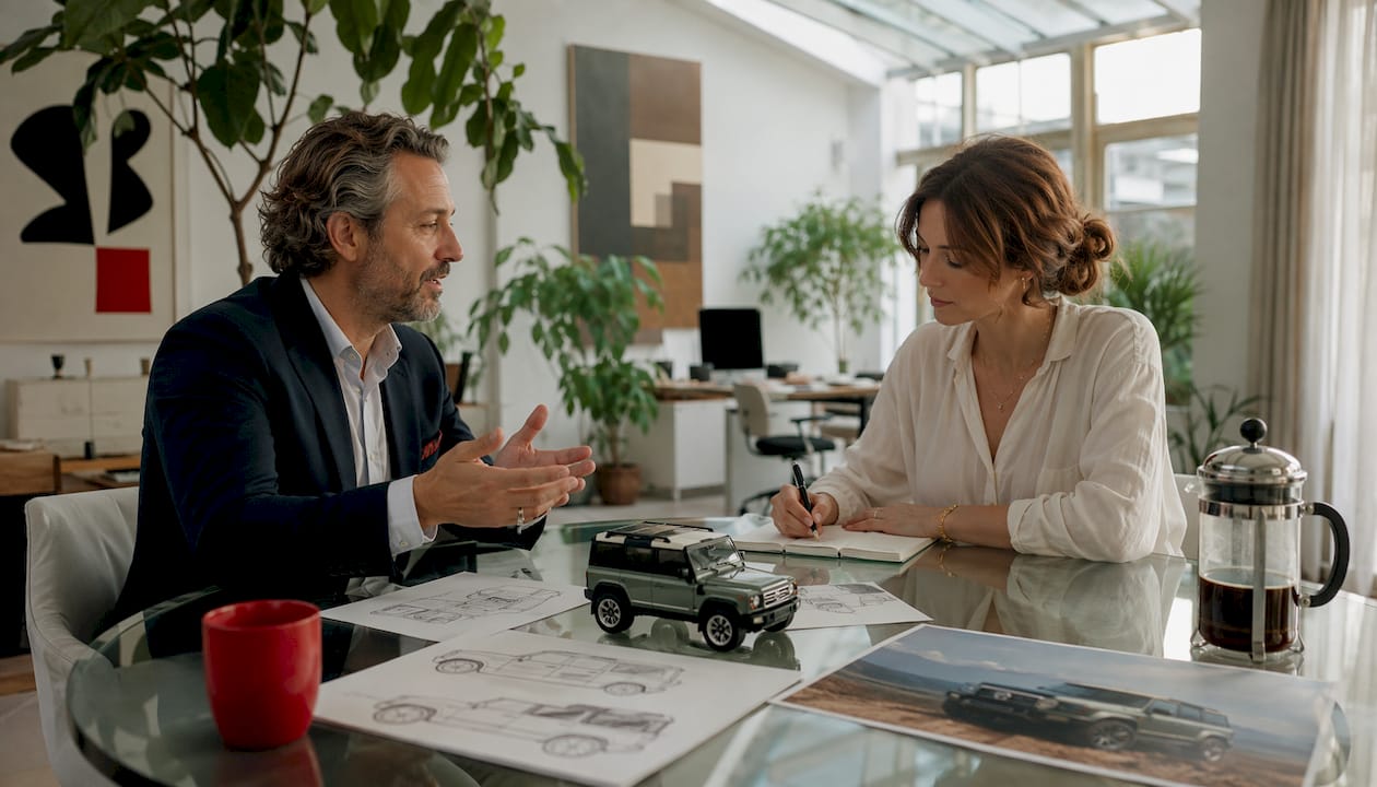 Couple consulting on bespoke Defender design